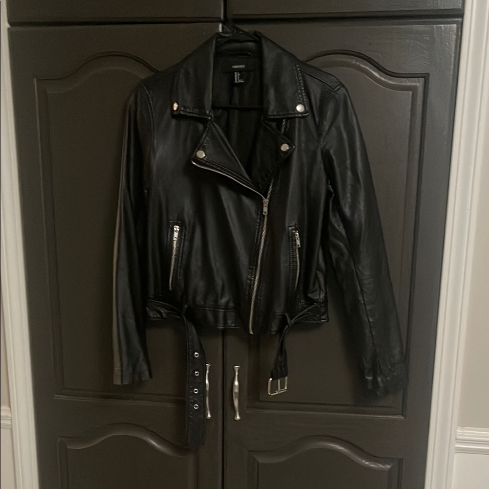 Forever 21 Black Vegan Leather Biker Jacket with Asymmetrical Zipper